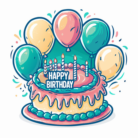 Decorated birthday cake with balloons and candles illustration