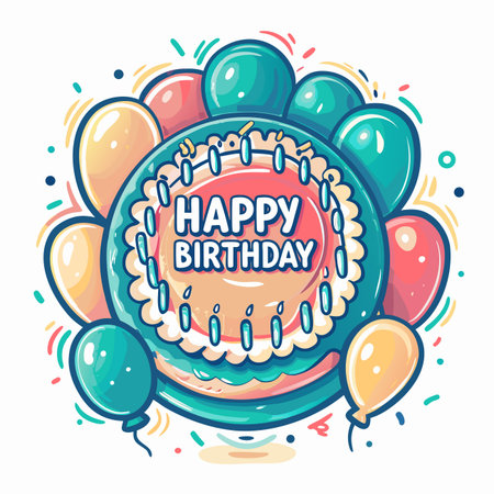 Birthday cake, balloons, and "Happy Birthday" festive designのイラスト素材