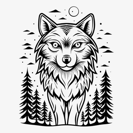 Wolf portrait, forest trees, monochrome, full moon illustrationのイラスト素材
