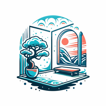 Room view Bonsai, window, landscapeのイラスト素材