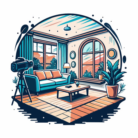 Cozy room with sofa, window, plant, and cameraのイラスト素材