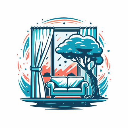 Cozy living room view. Window, couch, tree, insideのイラスト素材
