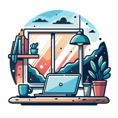 Bright workplace with view. Books, laptop, plant, coffeeのイラスト素材