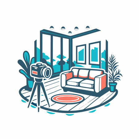 Cozy, bright room, camera and couch. Vector illustrationのイラスト素材