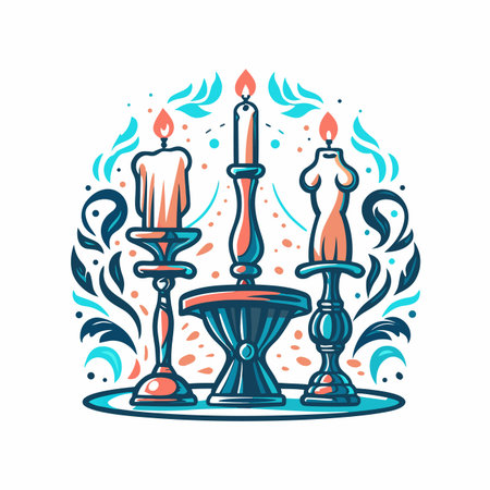 Lit candles, ornate holders, decorative backgroundのイラスト素材
