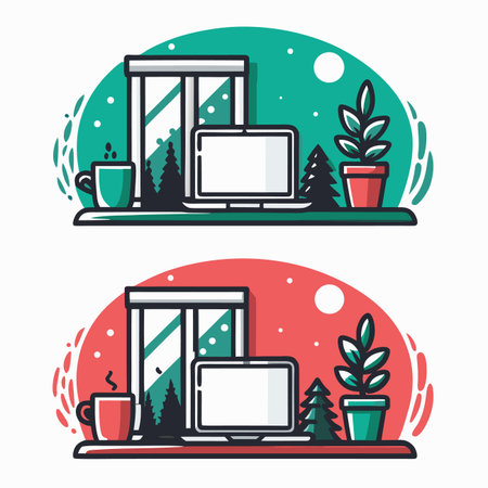 Desk scene with laptop, plant, window, and drinkのイラスト素材
