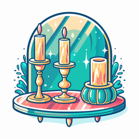 Candles glow on a shelf, stars twinkle, serene ambianceのイラスト素材