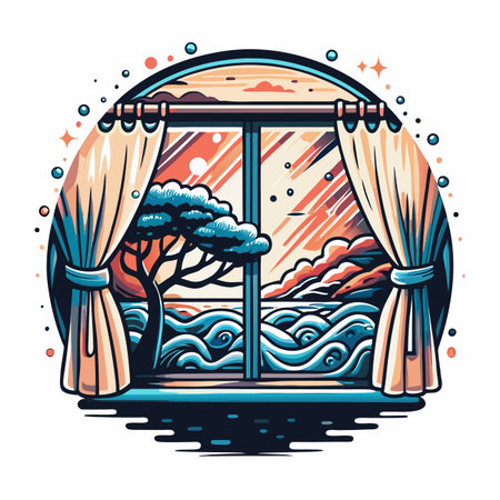 Window view tree, sea, clouds, stylized, cartoon styleのイラスト素材