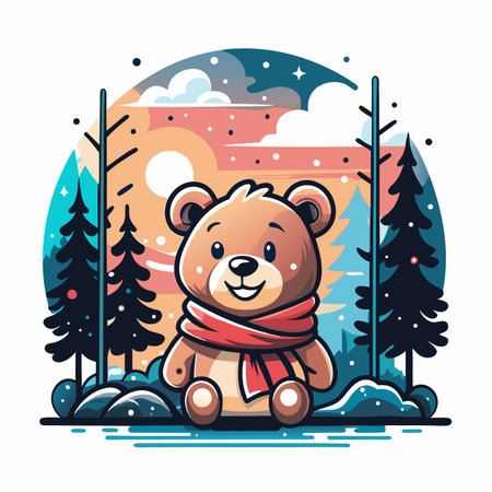 Bear in forest cartoon style, winter wonderland sceneのイラスト素材