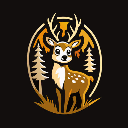 Deer portrait, forest scene, stylized design on dark backdropのイラスト素材