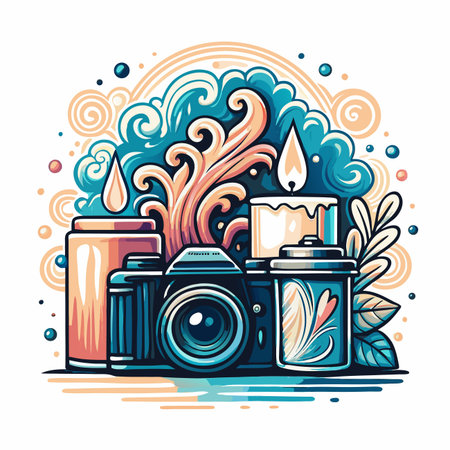 Still life Camera, candles, swirls and stylized foliage artのイラスト素材