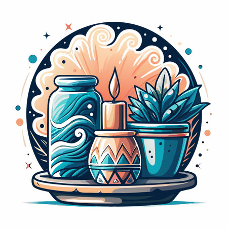 Serene still-life with plant, candle, and jar arrangementのイラスト素材