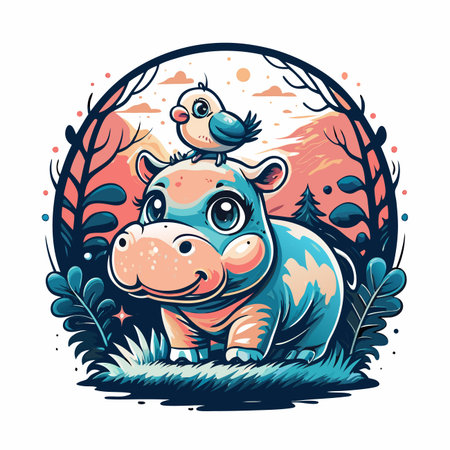 Cute hippo with bird, nature background, colorfulのイラスト素材