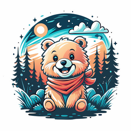 Smiling bear in nature. Cartoon. Trees, moon, mountainsのイラスト素材