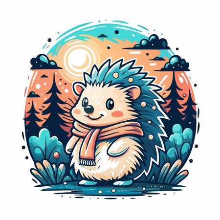 Cute hedgehog with scarf in forest against sunsetのイラスト素材