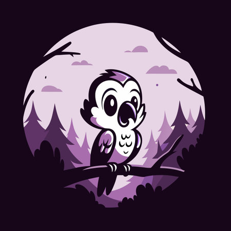 Cartoon owl perched in a whimsical, stylized forest sceneのイラスト素材