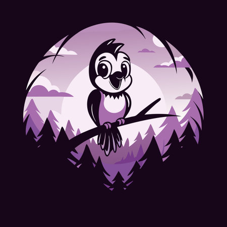 Cartoon bird on branch; forest background, sun settingのイラスト素材