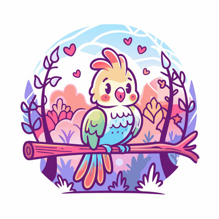 Cute cartoon bird on branch with hearts &amp; nature backgroundのイラスト素材