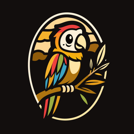 Colorful parrot perched on branch, stylized, oval backgroundのイラスト素材