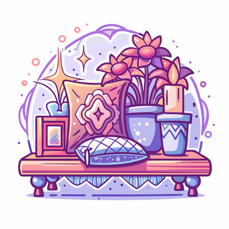 Cozy still life with flowers and pillows on a cute shelfのイラスト素材