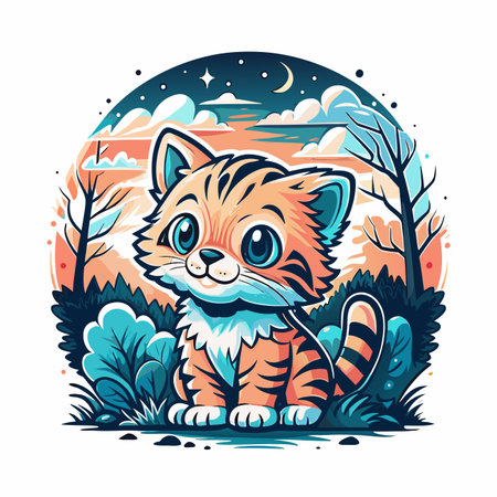 Cute cartoon tiger cub sits against dusk landscapeのイラスト素材