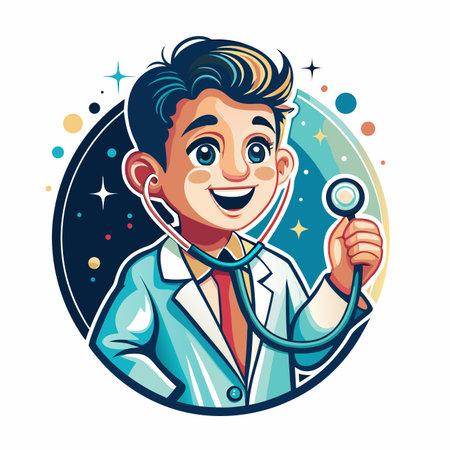 Cartoon doctor holding stethoscope. Smiling characterのイラスト素材