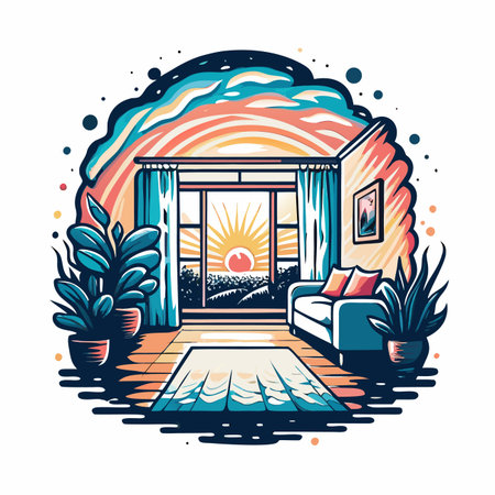 Sunny room sofa, plants, open window with sunset viewのイラスト素材
