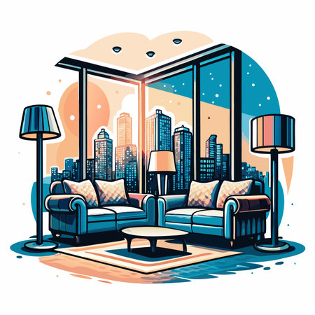 Room with cityscape view and couchesのイラスト素材
