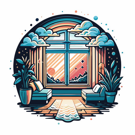 Cozy room view. Clouds, rainbow, chairs, sun, mountainsのイラスト素材