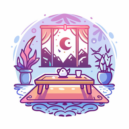 Cosy interior Table, window, mountains and moonのイラスト素材
