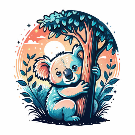 Cute koala hugging tree in vibrant, colorful illustrationのイラスト素材
