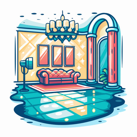 Luxurious interior couch, art, chandelier, pillars, shiny floorのイラスト素材