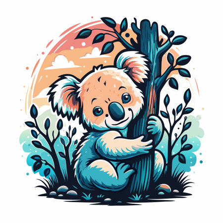 Cute koala hugging a tree, cartoon illustrationのイラスト素材