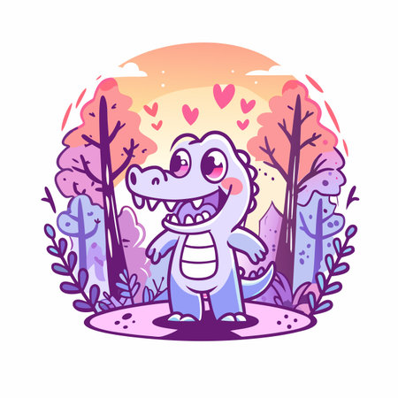 Alligator cartoon with heart above treesのイラスト素材