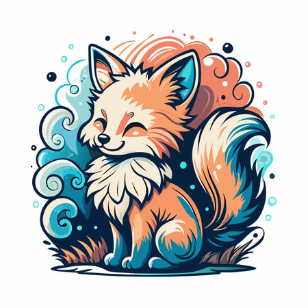 Cute fox sitting, swirls background, whimsical art styleのイラスト素材