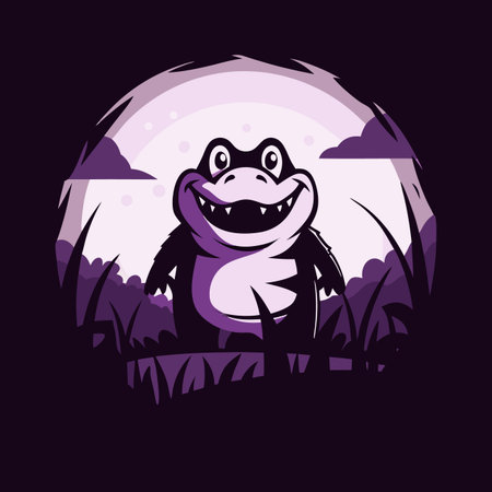 Smiling alligator stands amongst tall grass and cloudy skyのイラスト素材