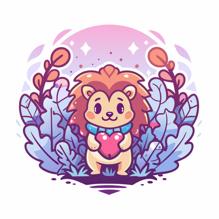 Cute hedgehog holds pink heart in foliage. Stars aboveのイラスト素材