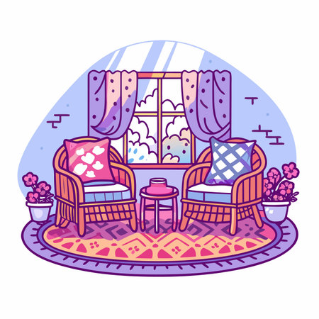 Cozy room wicker chairs, rug, window, plants, relaxing areaのイラスト素材
