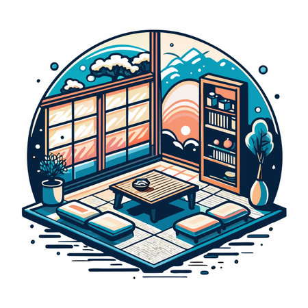 Room with mats, low table, window, and bookcase view sunsetのイラスト素材