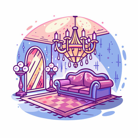 Elegant room with chandelier, sofa, mirror, and carpetのイラスト素材