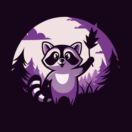 Raccoon in forest holds leaf, stylized, purple themeのイラスト素材