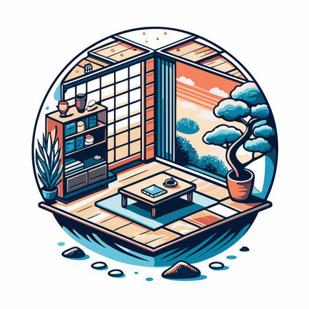Isometric room with bonsai, cabinet and window viewのイラスト素材