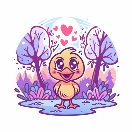 Cartoon chick amidst trees, hearts, pastel colorsのイラスト素材