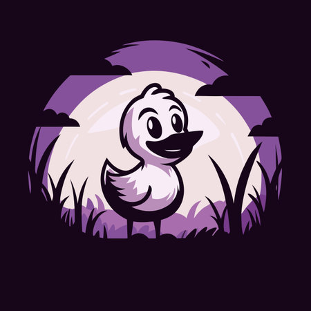 Cute duckling in field, stylized, cartoonish, purple backgroundのイラスト素材