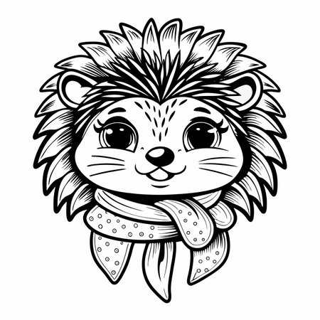 Cute hedgehog face with scarf in black and white artのイラスト素材