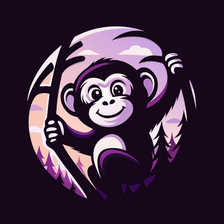 Cartoon monkey in circle frame with forest sceneのイラスト素材