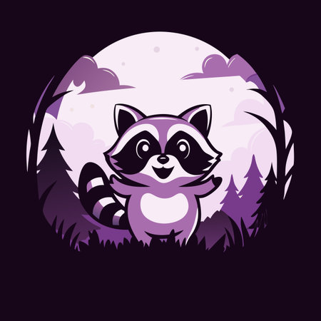 Cartoon raccoon in forest under a full moon at nightのイラスト素材