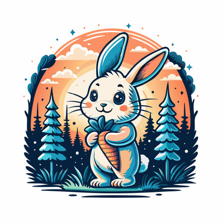 Cute bunny holds carrot. Sunset backdrop with trees &amp; plantsのイラスト素材