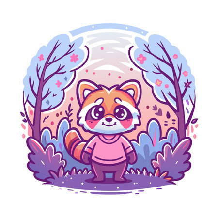 Cartoon red panda in a pink landscape, trees, and plantsのイラスト素材