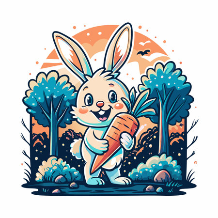 Bunny holding carrot. Forest backdrop, orange sunのイラスト素材